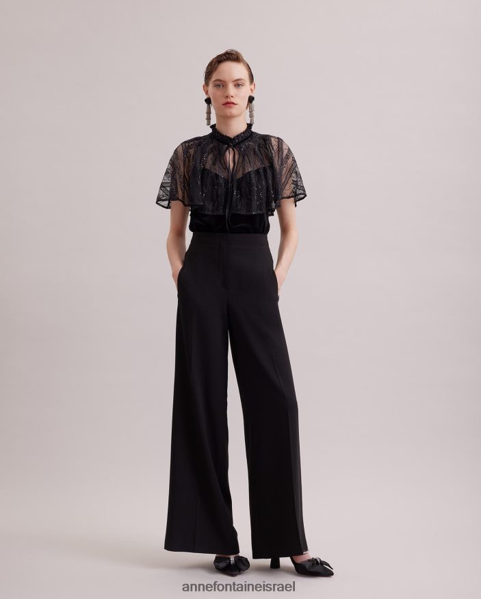 הַלבָּשָׁה Anne Fontaine גופיית קטיפה גותית עם שכמיית תחרה שקופה מחוברת שָׁחוֹר נשים DL8V8L285