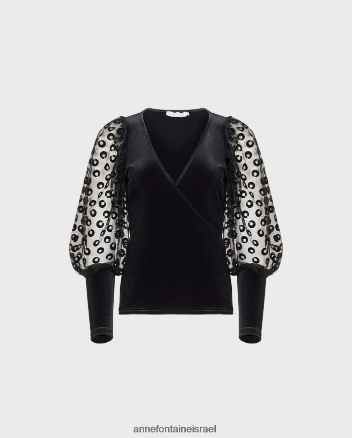 הַלבָּשָׁה Anne Fontaine עליונית עיטוף קטיפה מלכותית עם שרוולים נשפכים עם נפח רקומים בעיגולי קטיפה שָׁחוֹר נשים DL8V8L286