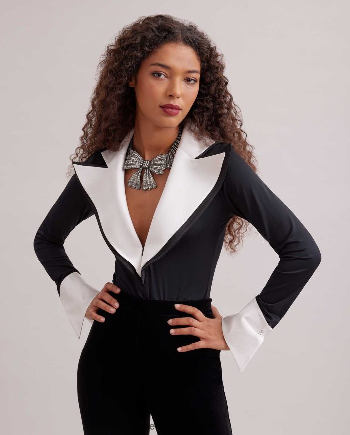 הַלבָּשָׁה Anne Fontaine בגד גוף קוטבי עם דש אוברסייז וחפתים צרפתיים לבן שחור נשים DL8V8L287