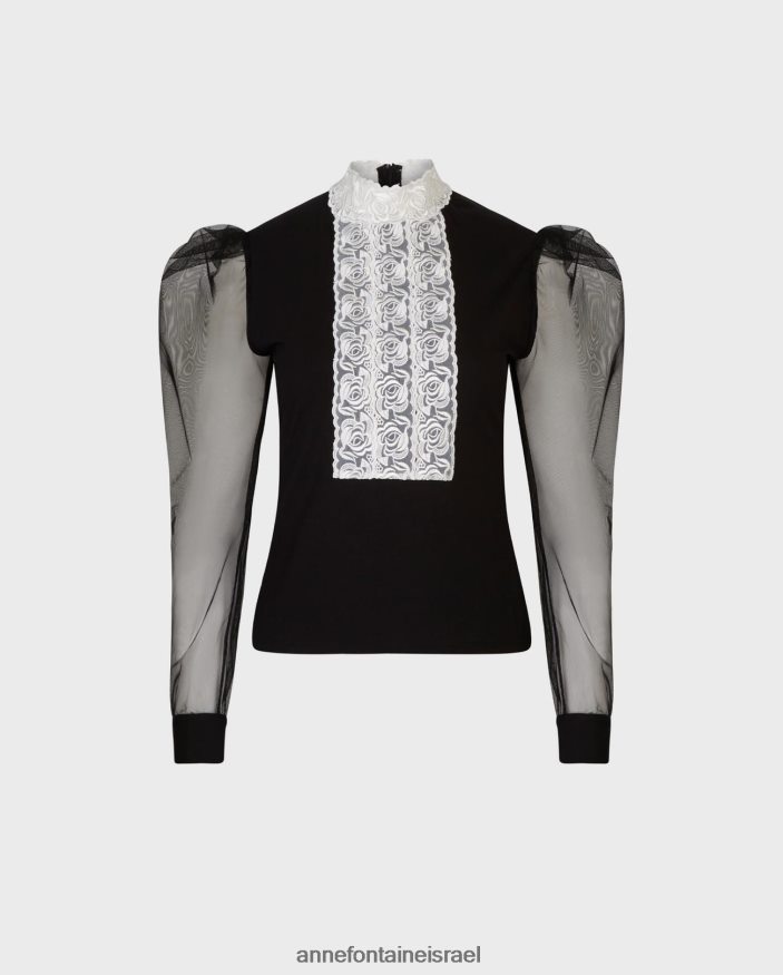 הַלבָּשָׁה Anne Fontaine חולצת צווארון מדומה עליון אפופי עם אפליקציית סרט מרכזי מקדימה ושרוולים נשפכים נפחיים שָׁחוֹר נשים DL8V8L290