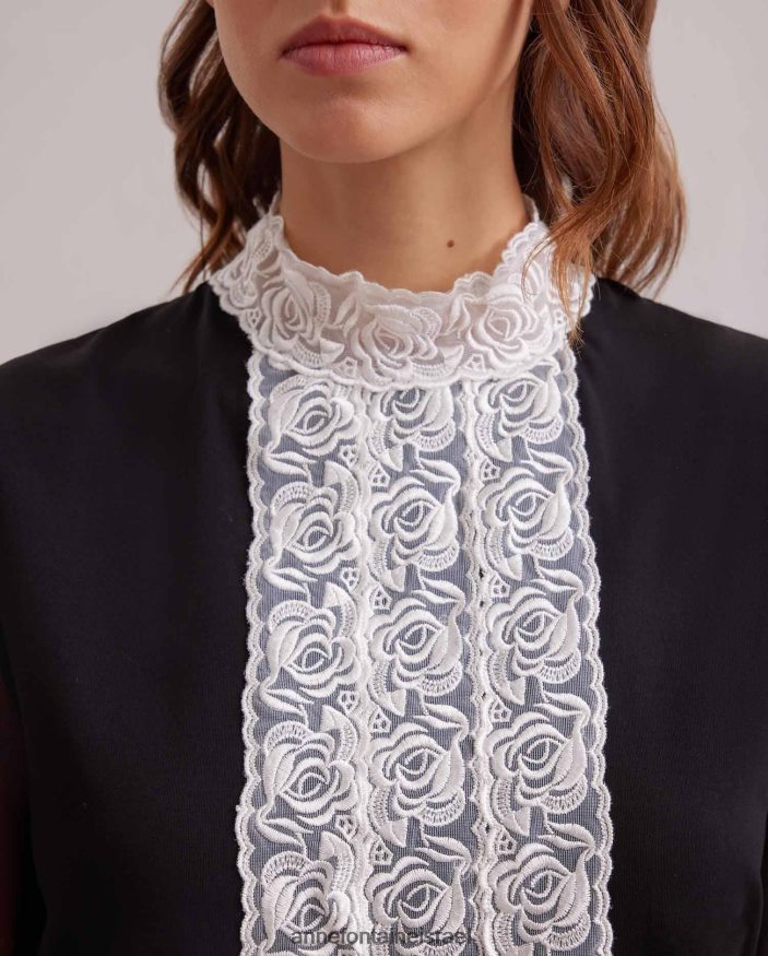 הַלבָּשָׁה Anne Fontaine חולצת צווארון מדומה עליון אפופי עם אפליקציית סרט מרכזי מקדימה ושרוולים נשפכים נפחיים שָׁחוֹר נשים DL8V8L290