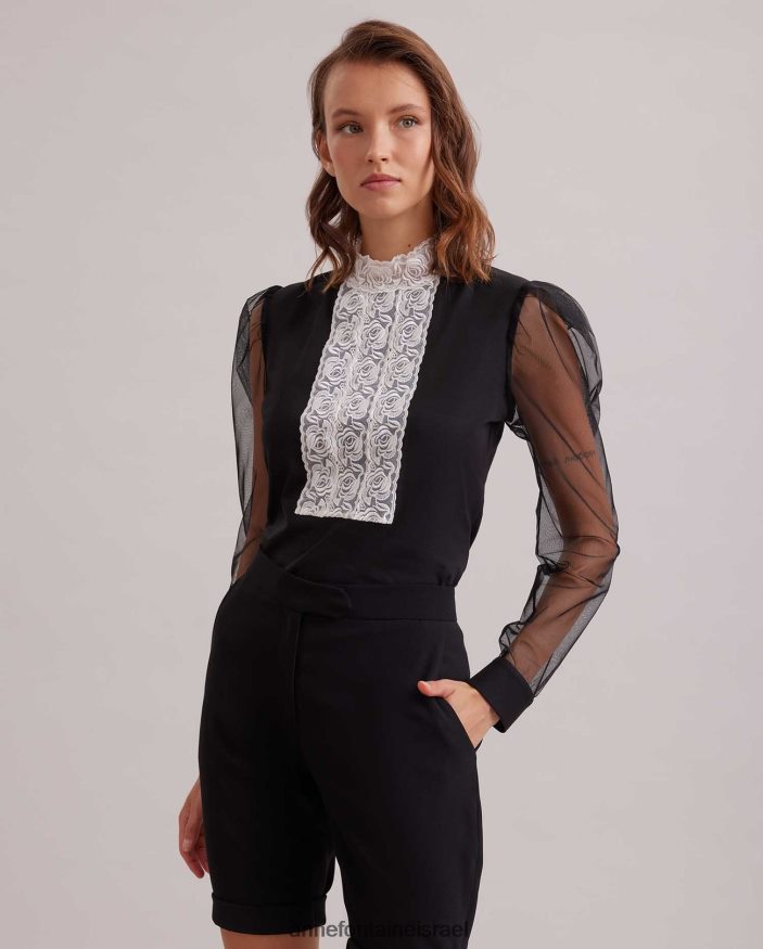 הַלבָּשָׁה Anne Fontaine חולצת צווארון מדומה עליון אפופי עם אפליקציית סרט מרכזי מקדימה ושרוולים נשפכים נפחיים שָׁחוֹר נשים DL8V8L290