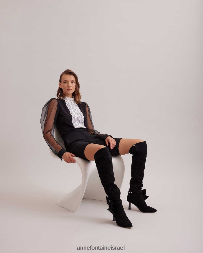 הַלבָּשָׁה Anne Fontaine חולצת צווארון מדומה עליון אפופי עם אפליקציית סרט מרכזי מקדימה ושרוולים נשפכים נפחיים שָׁחוֹר נשים DL8V8L290