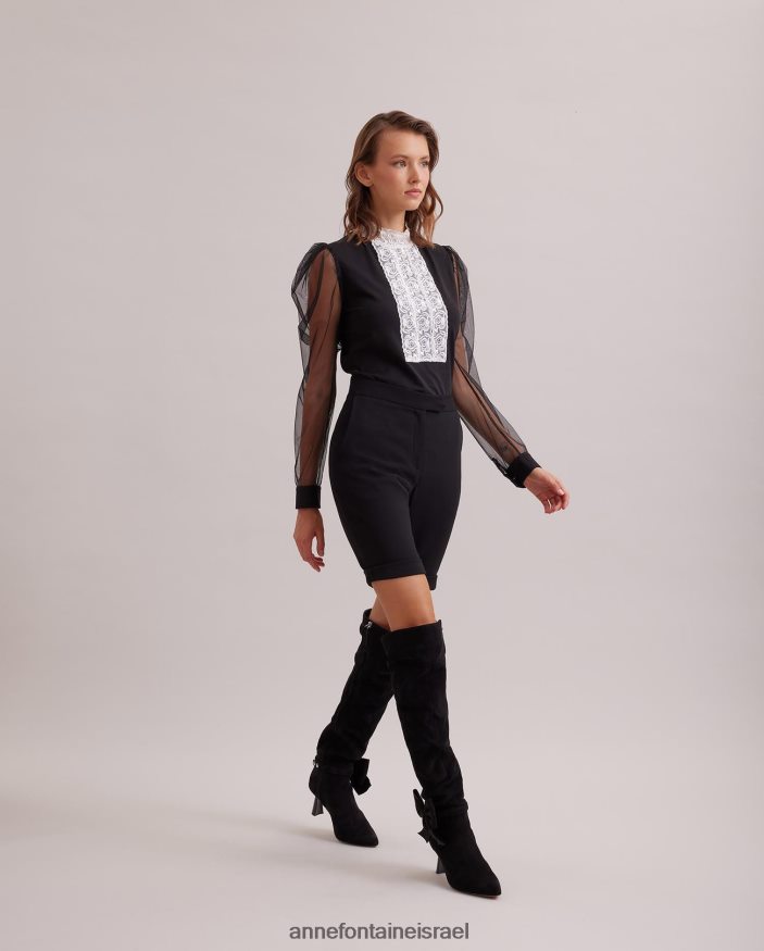 הַלבָּשָׁה Anne Fontaine חולצת צווארון מדומה עליון אפופי עם אפליקציית סרט מרכזי מקדימה ושרוולים נשפכים נפחיים שָׁחוֹר נשים DL8V8L290