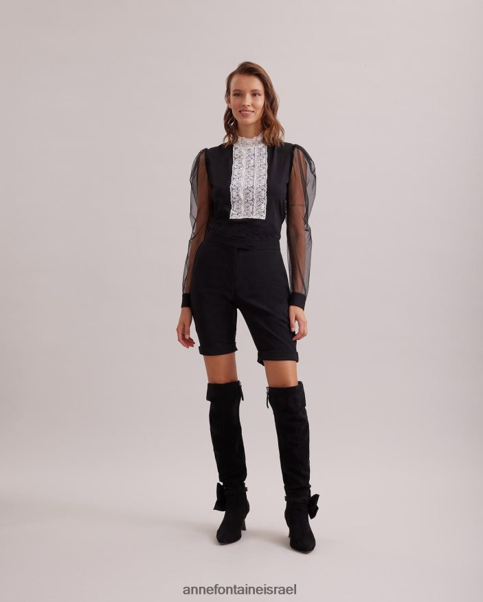 הַלבָּשָׁה Anne Fontaine חולצת צווארון מדומה עליון אפופי עם אפליקציית סרט מרכזי מקדימה ושרוולים נשפכים נפחיים שָׁחוֹר נשים DL8V8L290