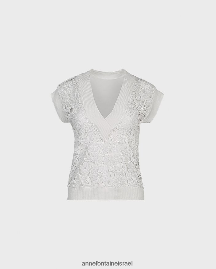 הַלבָּשָׁה Anne Fontaine אפוד תחרה פרחוני ללא שרוולים ללא שרוולים עם אפודת אומבל עם עיטורי סריג מצולעים לבן נשים DL8V8L295