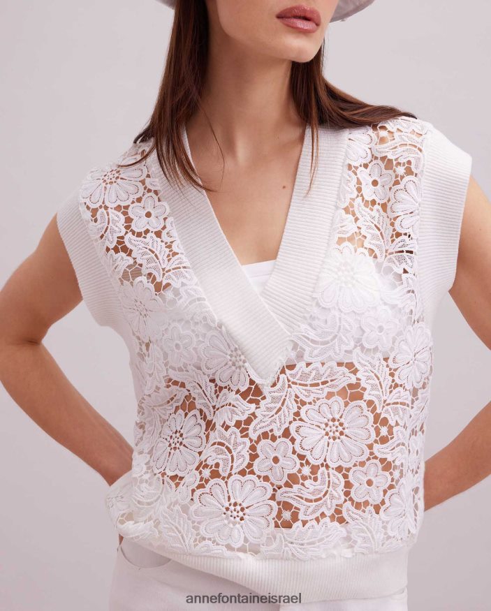 הַלבָּשָׁה Anne Fontaine אפוד תחרה פרחוני ללא שרוולים ללא שרוולים עם אפודת אומבל עם עיטורי סריג מצולעים לבן נשים DL8V8L295