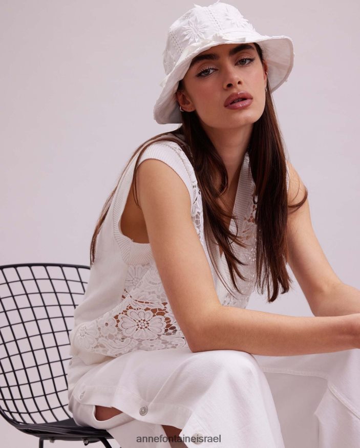 הַלבָּשָׁה Anne Fontaine אפוד תחרה פרחוני ללא שרוולים ללא שרוולים עם אפודת אומבל עם עיטורי סריג מצולעים לבן נשים DL8V8L295