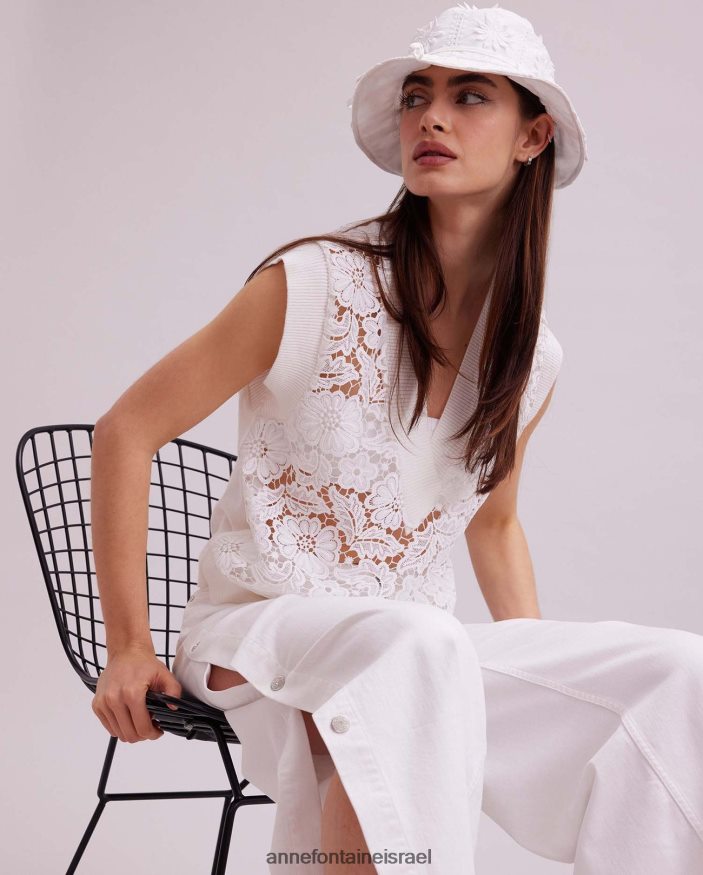 הַלבָּשָׁה Anne Fontaine אפוד תחרה פרחוני ללא שרוולים ללא שרוולים עם אפודת אומבל עם עיטורי סריג מצולעים לבן נשים DL8V8L295