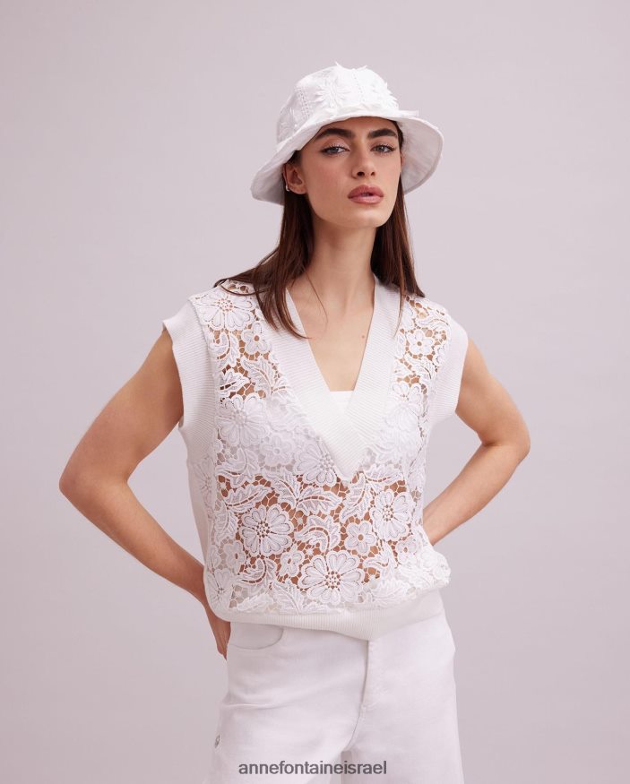 הַלבָּשָׁה Anne Fontaine אפוד תחרה פרחוני ללא שרוולים ללא שרוולים עם אפודת אומבל עם עיטורי סריג מצולעים לבן נשים DL8V8L295