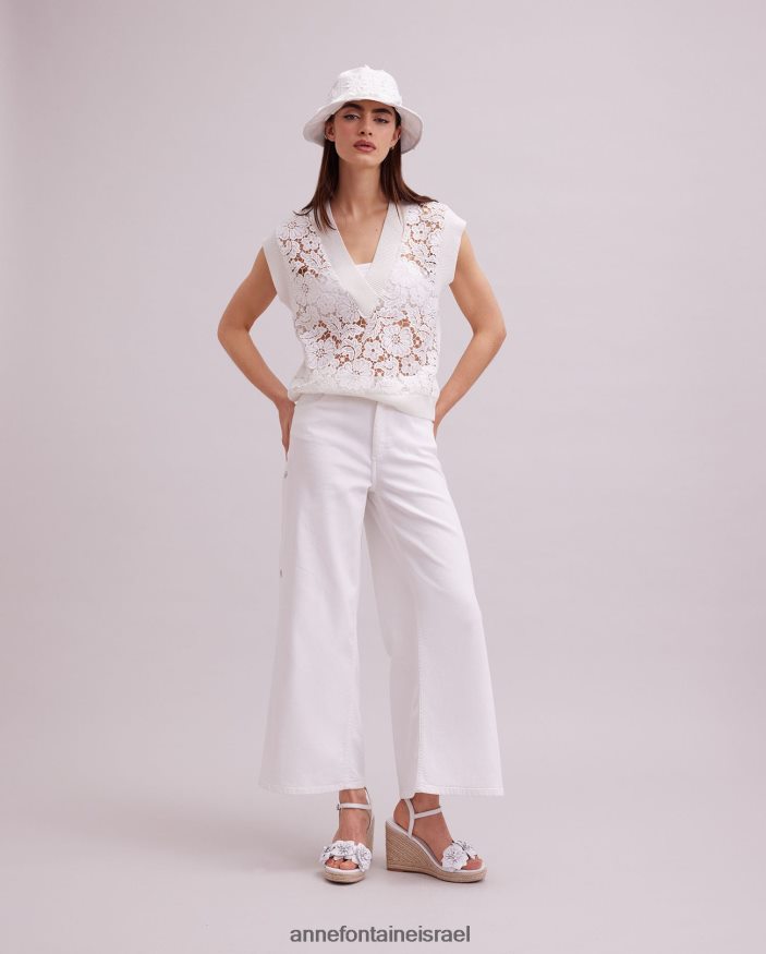 הַלבָּשָׁה Anne Fontaine אפוד תחרה פרחוני ללא שרוולים ללא שרוולים עם אפודת אומבל עם עיטורי סריג מצולעים לבן נשים DL8V8L295