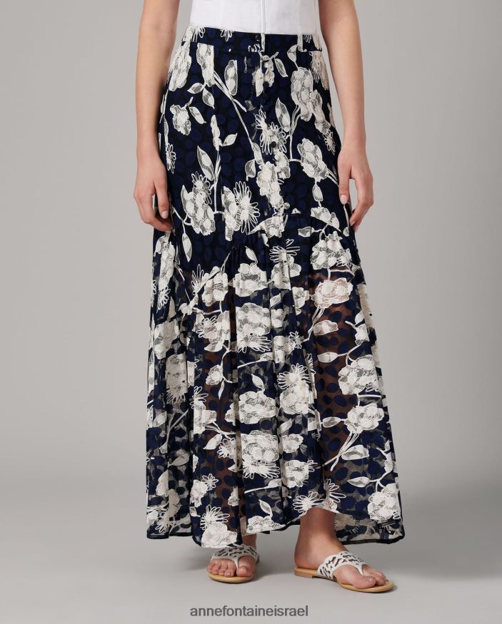 הַלבָּשָׁה Anne Fontaine חצאית צ'מה וחצאית פרחונית תחרה עם שסע לבן כחול נשים DL8V8L342