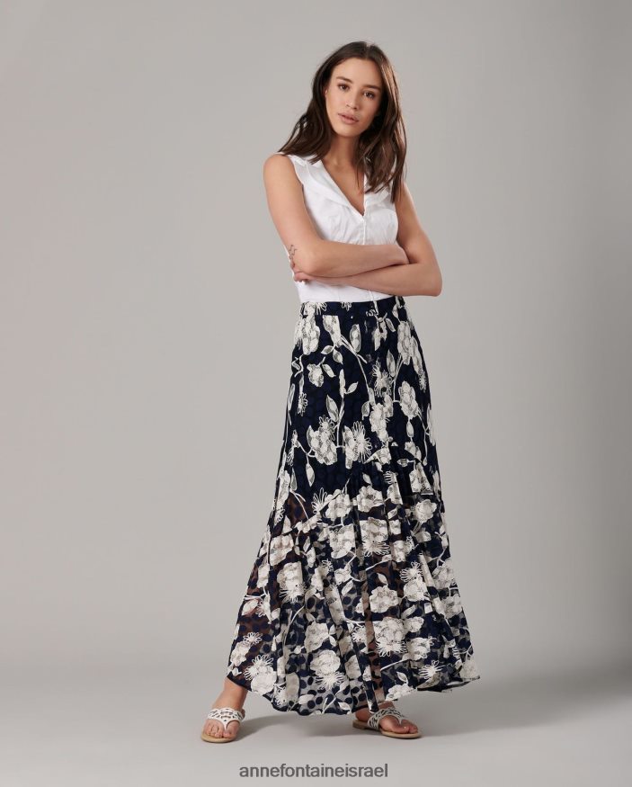 הַלבָּשָׁה Anne Fontaine חצאית צ'מה וחצאית פרחונית תחרה עם שסע לבן כחול נשים DL8V8L342