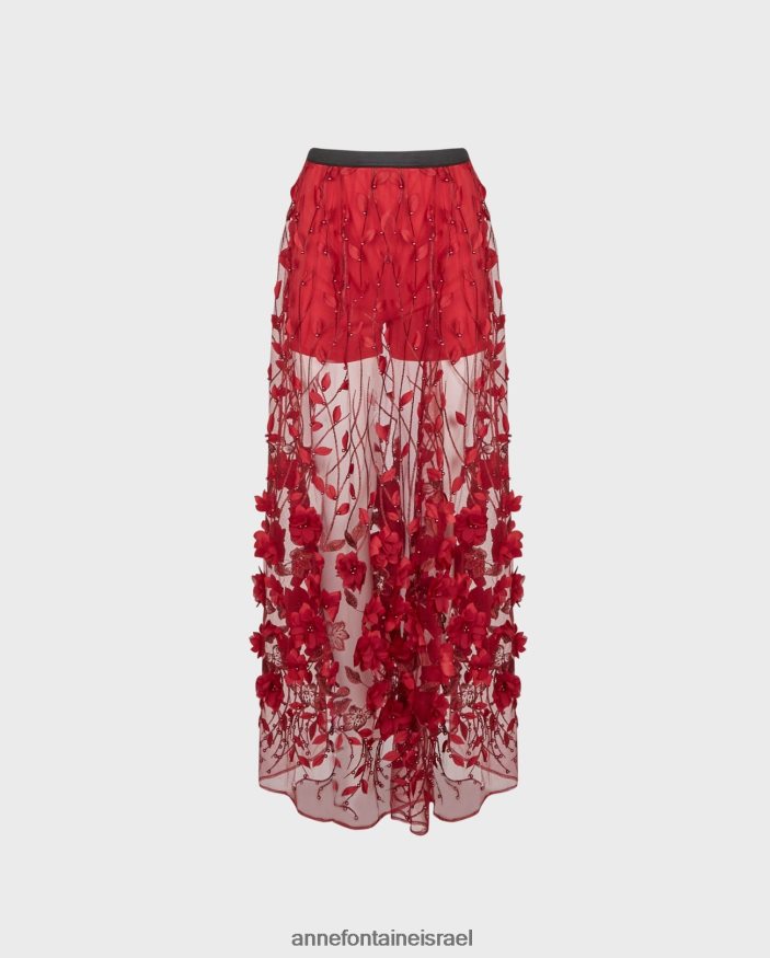 הַלבָּשָׁה Anne Fontaine חצאית חולית חצאית רשת שקופה ארוכה עם פרחים רקומים וחרוזים אדום טנגו נשים DL8V8L369
