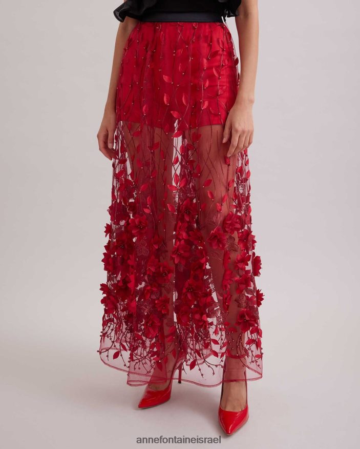 הַלבָּשָׁה Anne Fontaine חצאית חולית חצאית רשת שקופה ארוכה עם פרחים רקומים וחרוזים אדום טנגו נשים DL8V8L369