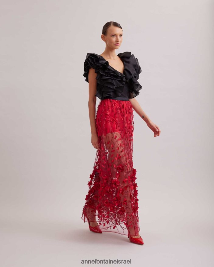 הַלבָּשָׁה Anne Fontaine חצאית חולית חצאית רשת שקופה ארוכה עם פרחים רקומים וחרוזים אדום טנגו נשים DL8V8L369