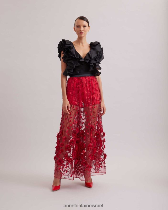 הַלבָּשָׁה Anne Fontaine חצאית חולית חצאית רשת שקופה ארוכה עם פרחים רקומים וחרוזים אדום טנגו נשים DL8V8L369