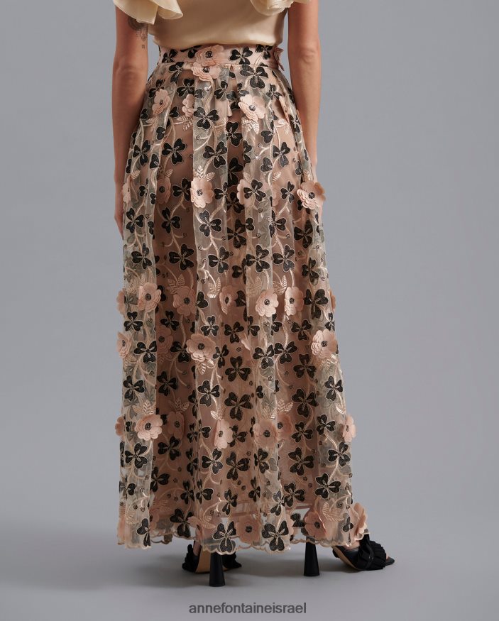 הַלבָּשָׁה Anne Fontaine חצאית ביקנדי באורך מלא בצבע עירום עם עיצוב פרחוני תלת מימדי שָׁחוֹר נשים DL8V8L392