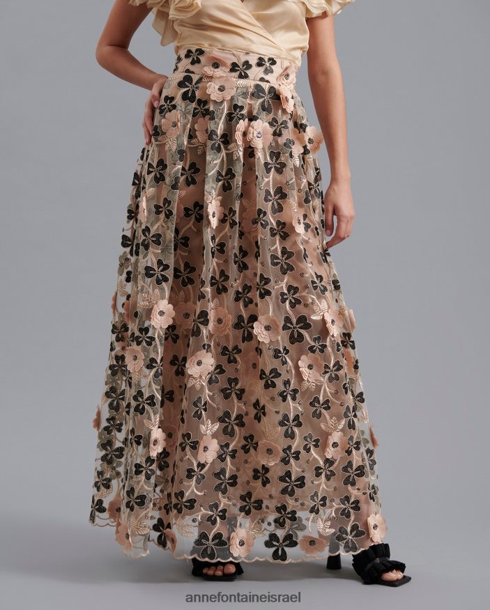 הַלבָּשָׁה Anne Fontaine חצאית ביקנדי באורך מלא בצבע עירום עם עיצוב פרחוני תלת מימדי שָׁחוֹר נשים DL8V8L392