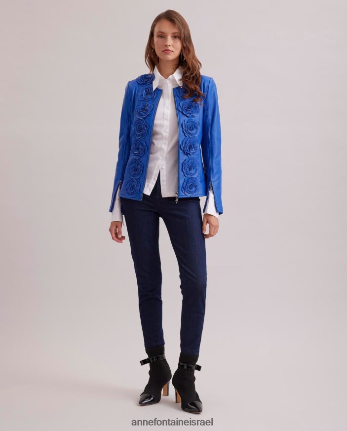 הַלבָּשָׁה Anne Fontaine ז'קט לורינה מעיל עור עם דיטיילים פרחוניים כְּחוֹל נשים DL8V8L402