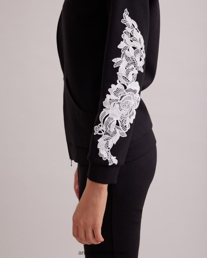 הַלבָּשָׁה Anne Fontaine קפוצ'ון סרוג ז'קט חוברת עם רוכסן קדמי ושרוולי אפליקציה רקומים לבן שחור נשים DL8V8L408