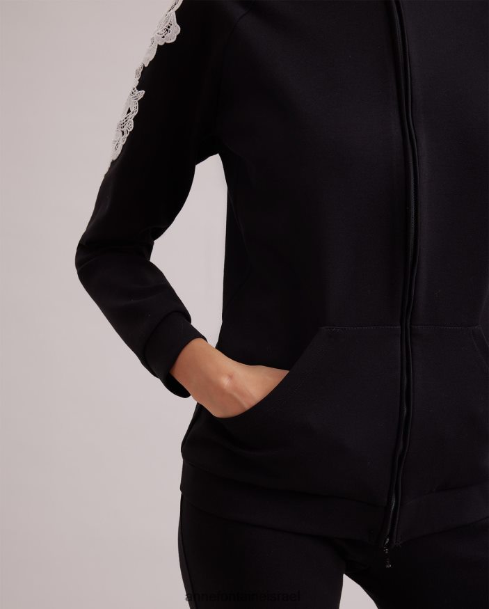 הַלבָּשָׁה Anne Fontaine קפוצ'ון סרוג ז'קט חוברת עם רוכסן קדמי ושרוולי אפליקציה רקומים לבן שחור נשים DL8V8L408