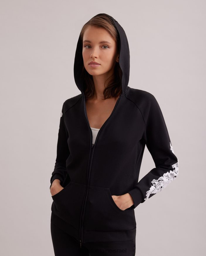 הַלבָּשָׁה Anne Fontaine קפוצ'ון סרוג ז'קט חוברת עם רוכסן קדמי ושרוולי אפליקציה רקומים לבן שחור נשים DL8V8L408