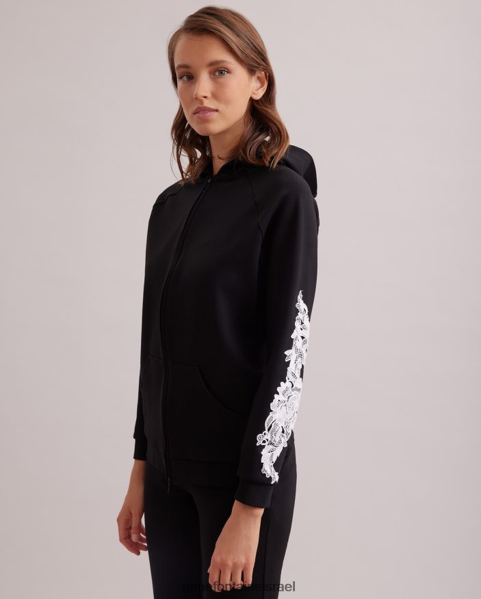 הַלבָּשָׁה Anne Fontaine קפוצ'ון סרוג ז'קט חוברת עם רוכסן קדמי ושרוולי אפליקציה רקומים לבן שחור נשים DL8V8L408