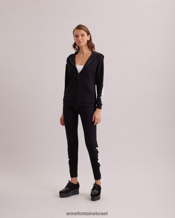 הַלבָּשָׁה Anne Fontaine קפוצ'ון סרוג ז'קט חוברת עם רוכסן קדמי ושרוולי אפליקציה רקומים לבן שחור נשים DL8V8L408