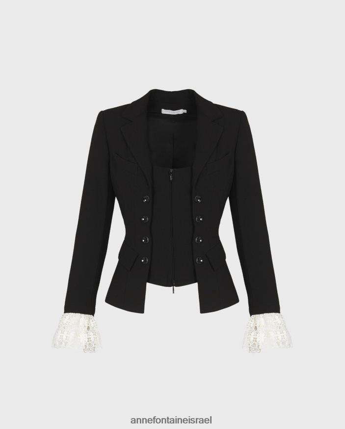 הַלבָּשָׁה Anne Fontaine ז'קט מאסטרו מעיל קרפ עם שרוול ארוך עם פירוט שרוול תחרה שָׁחוֹר נשים DL8V8L416