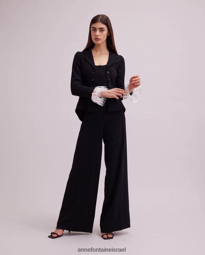 הַלבָּשָׁה Anne Fontaine ז'קט מאסטרו מעיל קרפ עם שרוול ארוך עם פירוט שרוול תחרה שָׁחוֹר נשים DL8V8L416