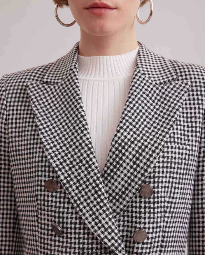 הַלבָּשָׁה Anne Fontaine בלייזר שחמט ובלייזר כפול חזה עם דש מחורץ לבן שחור נשים DL8V8L419