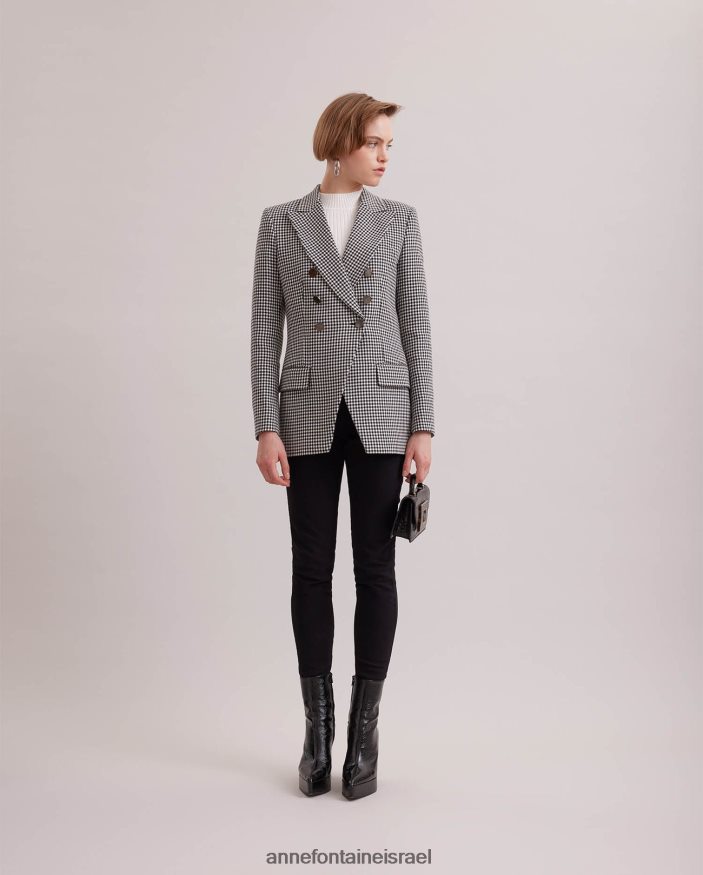הַלבָּשָׁה Anne Fontaine בלייזר שחמט ובלייזר כפול חזה עם דש מחורץ לבן שחור נשים DL8V8L419