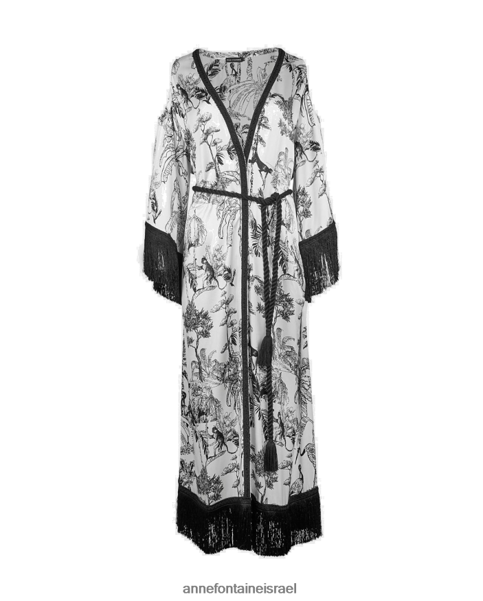 הַלבָּשָׁה Anne Fontaine חלוק קימונו קרואזט וג'ונגל מודפס עם עיטורי שוליים לבן שחור נשים DL8V8L424