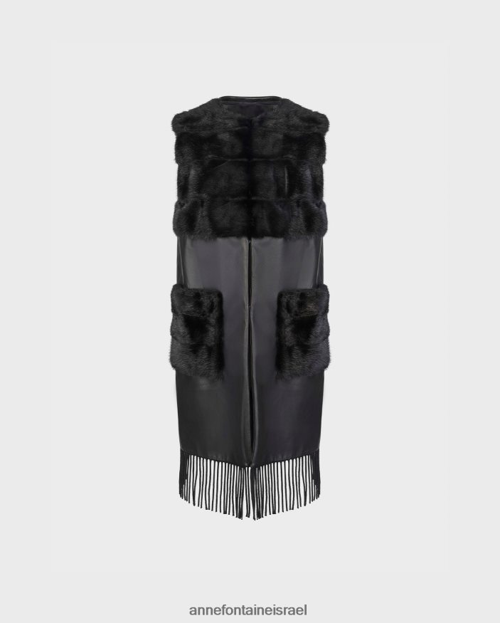 הַלבָּשָׁה Anne Fontaine אפוד אקדמי פתוח בחזית עור עם עיטורי פרנזים ופרווה שָׁחוֹר נשים DL8V8L428