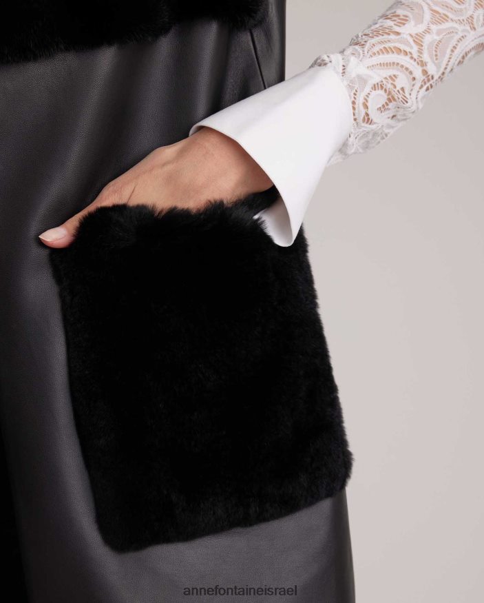 הַלבָּשָׁה Anne Fontaine אפוד אקדמי פתוח בחזית עור עם עיטורי פרנזים ופרווה שָׁחוֹר נשים DL8V8L428