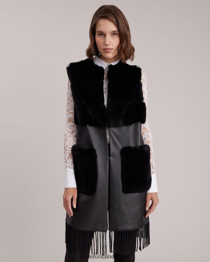 הַלבָּשָׁה Anne Fontaine אפוד אקדמי פתוח בחזית עור עם עיטורי פרנזים ופרווה שָׁחוֹר נשים DL8V8L428