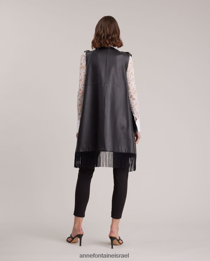 הַלבָּשָׁה Anne Fontaine אפוד אקדמי פתוח בחזית עור עם עיטורי פרנזים ופרווה שָׁחוֹר נשים DL8V8L428