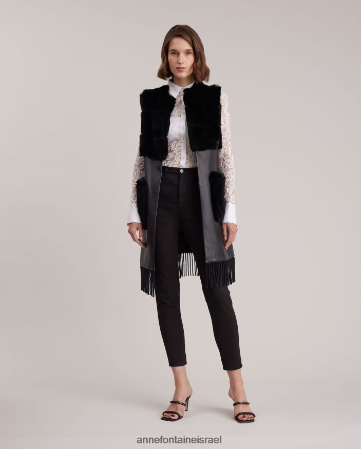 הַלבָּשָׁה Anne Fontaine אפוד אקדמי פתוח בחזית עור עם עיטורי פרנזים ופרווה שָׁחוֹר נשים DL8V8L428