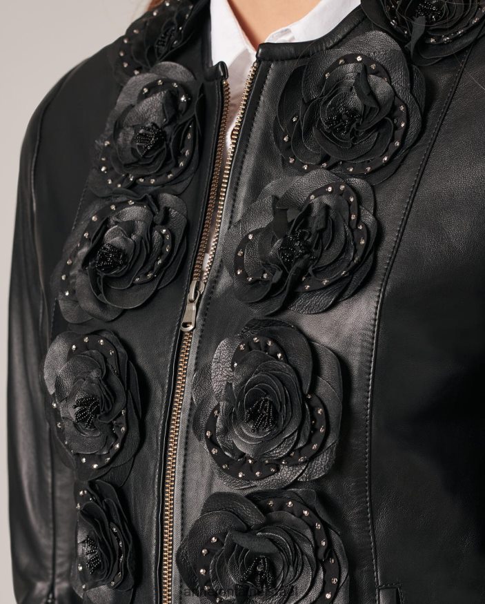 הַלבָּשָׁה Anne Fontaine מעיל לורינה מעיל עור עם פרחים קדמיים שָׁחוֹר נשים DL8V8L432