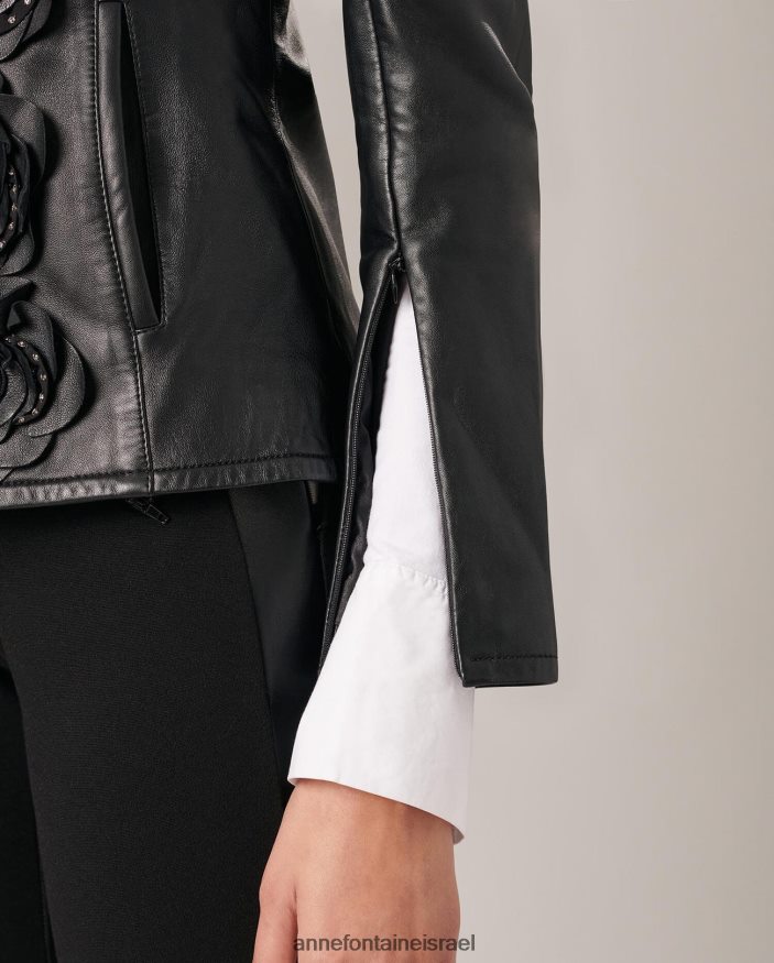 הַלבָּשָׁה Anne Fontaine מעיל לורינה מעיל עור עם פרחים קדמיים שָׁחוֹר נשים DL8V8L432