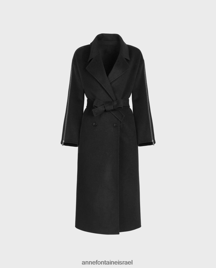 הַלבָּשָׁה Anne Fontaine מעיל גלריה מעיל צמר כפול חזה ארוך עם שרוולי רוכסן וחגורת קשירה שָׁחוֹר נשים DL8V8L434