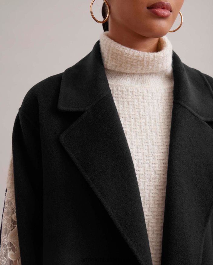 הַלבָּשָׁה Anne Fontaine מעיל גלריה מעיל צמר כפול חזה ארוך עם שרוולי רוכסן וחגורת קשירה שָׁחוֹר נשים DL8V8L434