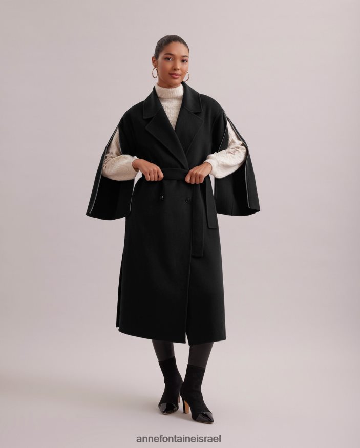 הַלבָּשָׁה Anne Fontaine מעיל גלריה מעיל צמר כפול חזה ארוך עם שרוולי רוכסן וחגורת קשירה שָׁחוֹר נשים DL8V8L434