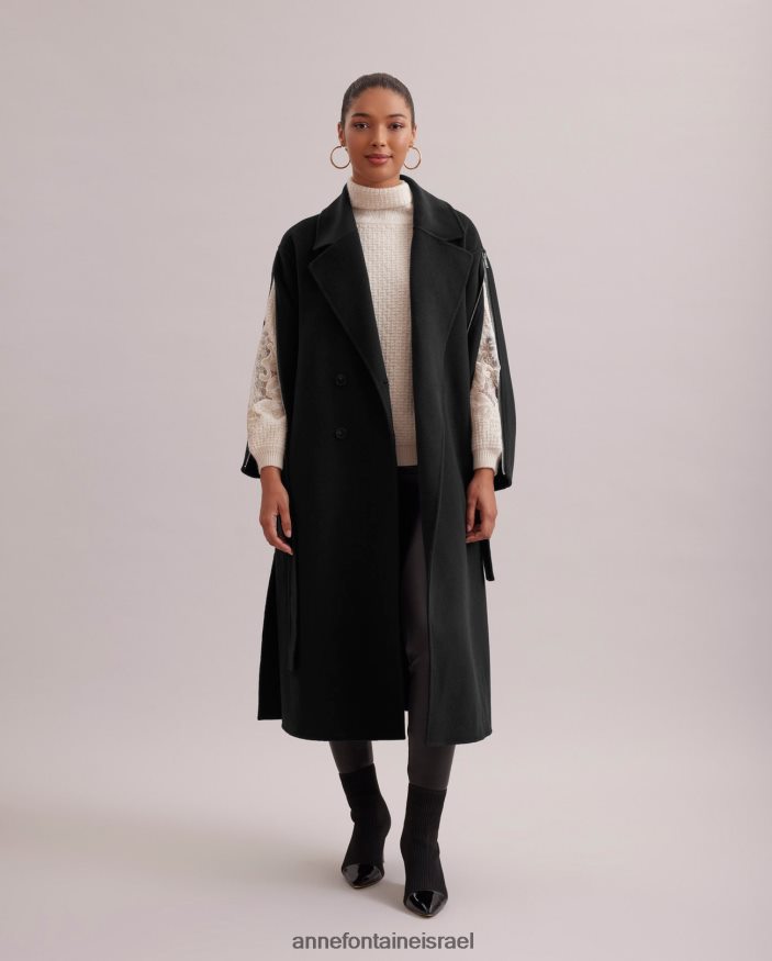 הַלבָּשָׁה Anne Fontaine מעיל גלריה מעיל צמר כפול חזה ארוך עם שרוולי רוכסן וחגורת קשירה שָׁחוֹר נשים DL8V8L434