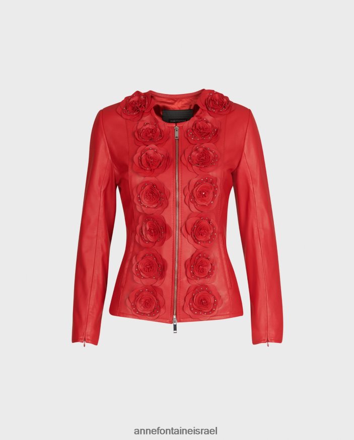 הַלבָּשָׁה Anne Fontaine ז'קט לורינה מעיל עור עם דיטיילים פרחוניים אָדוֹם נשים DL8V8L436
