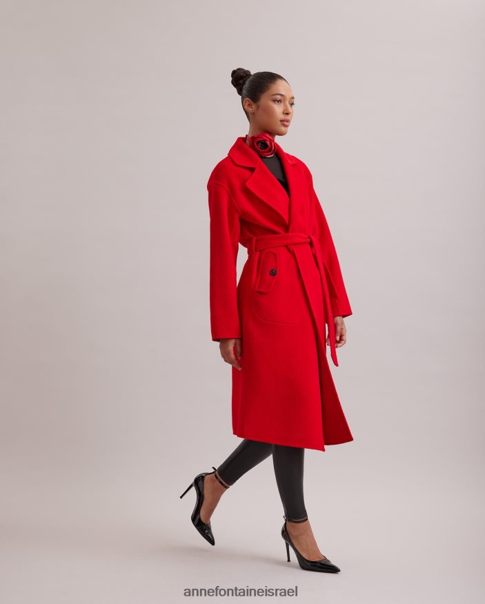 הַלבָּשָׁה Anne Fontaine מעיל קודקס טרנץ' עם צווארון מחורץ גדול וחגורת מותן קשירה אָדוֹם נשים DL8V8L437