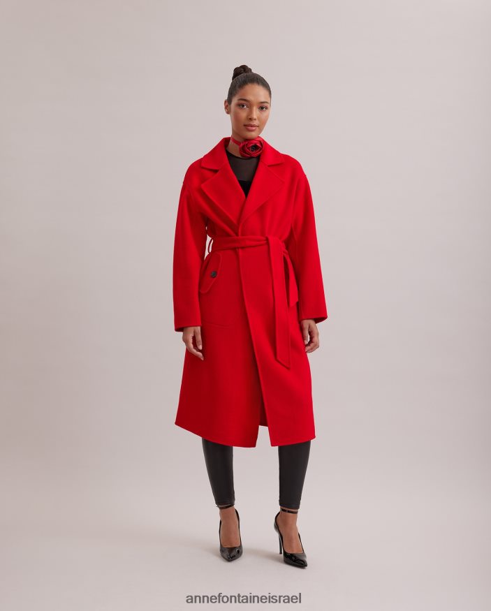 הַלבָּשָׁה Anne Fontaine מעיל קודקס טרנץ' עם צווארון מחורץ גדול וחגורת מותן קשירה אָדוֹם נשים DL8V8L437