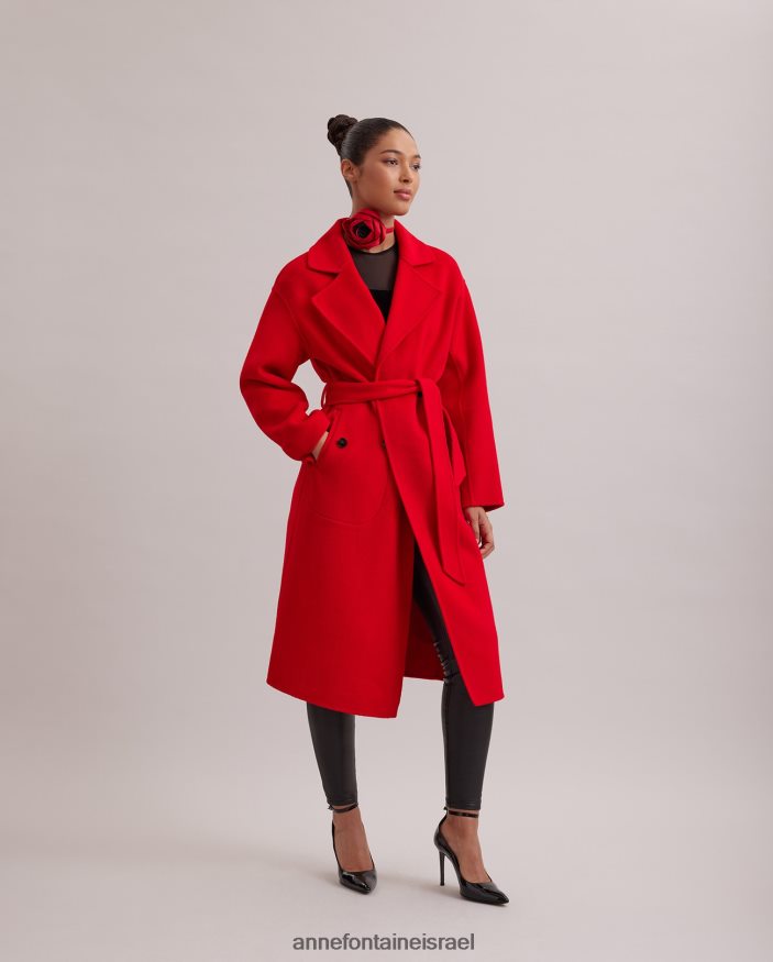 הַלבָּשָׁה Anne Fontaine מעיל קודקס טרנץ' עם צווארון מחורץ גדול וחגורת מותן קשירה אָדוֹם נשים DL8V8L437