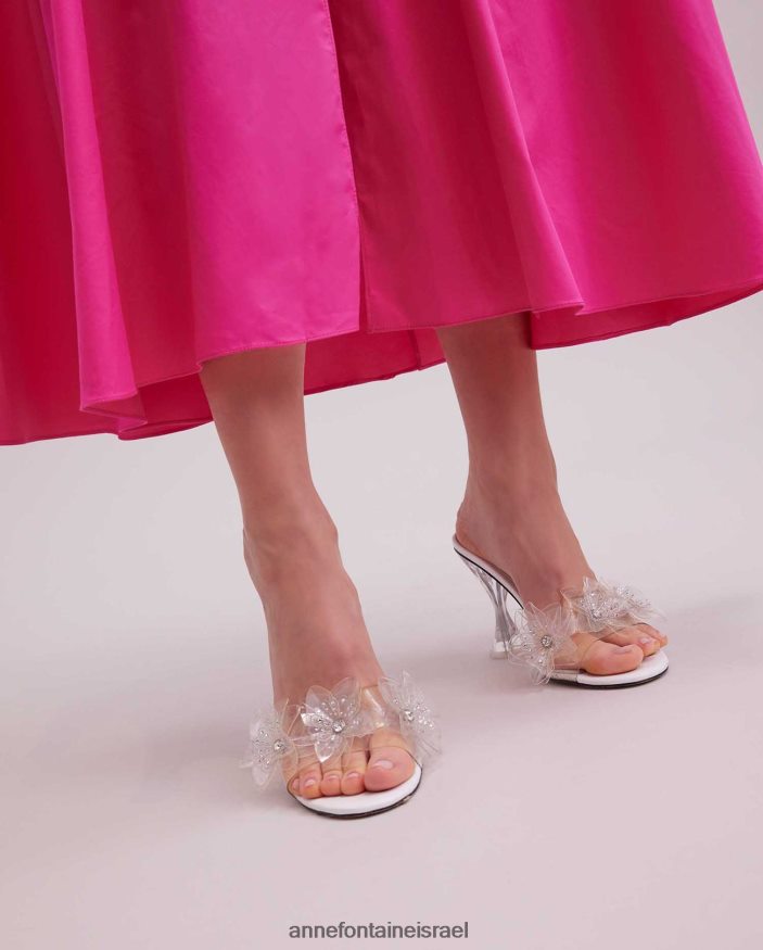 נעליים Anne Fontaine נעלי סנדל מעור עקב איילה עם רצועה קדמית שקופה ופרטים פרחוניים ריינסטון לבן נשים DL8V8L43